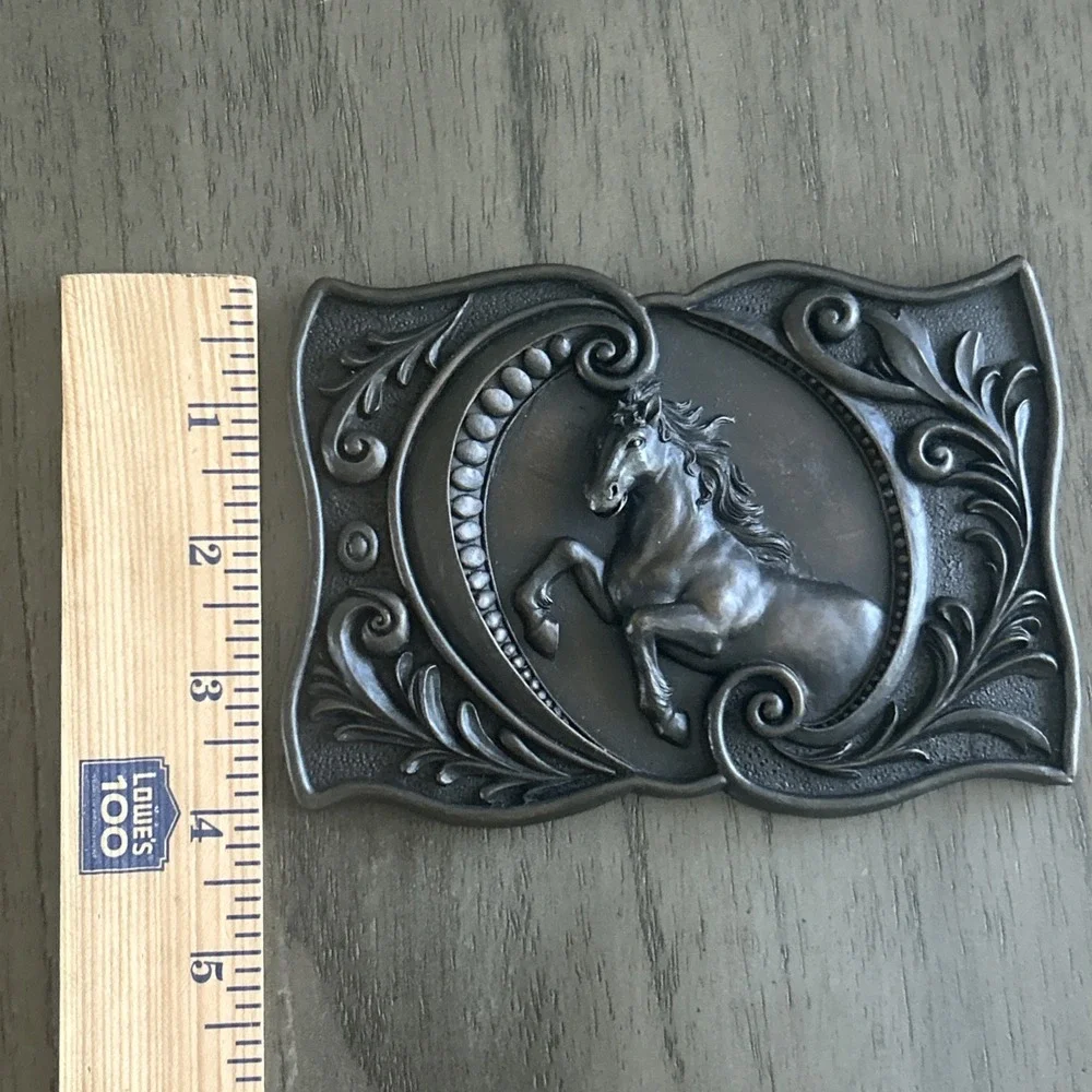 Vintage Pewter Horse Wall Plaque Rearing Oval Frame Scroll Decor